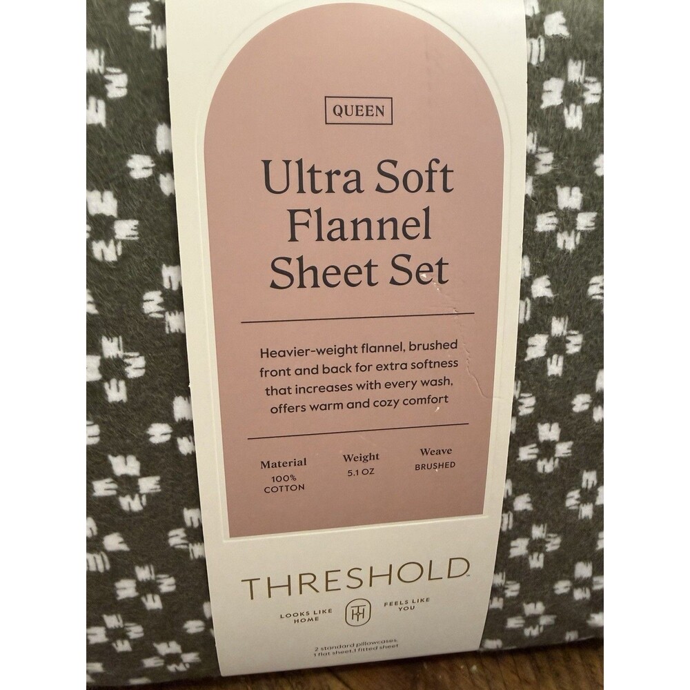 RARE Queen Ultra Soft Flannel Sheet Set Green Geo - Threshold NEW - Picture 7 of 9